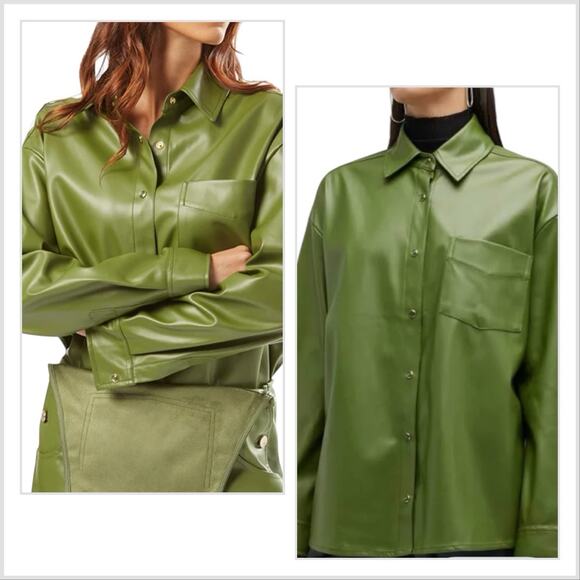 We Wore What Buttery Vegan Leather Oversize Overshirt Western Snap Up Green Sz S - Picture 1 of 10